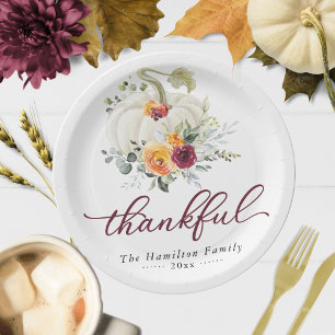 Thankful Burgundy Floral Pumpkin Thanksgiving Paper Plate