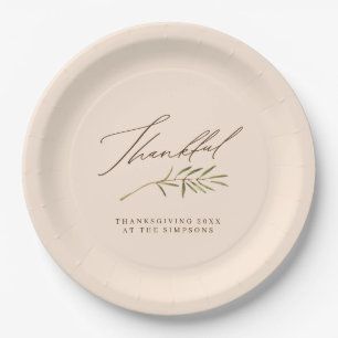 Thankful Calligraphy & Leaves Family Thanksgiving Paper Plate
