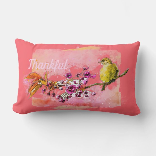 Thankful Cherry Blossoms and Finch Lumbar Pillow (Front)