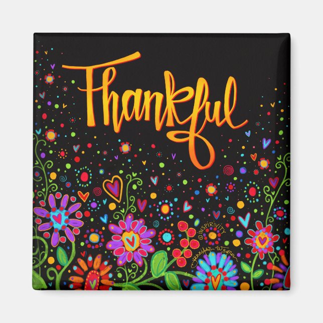 Thankful Colourful Flowers Trendy Inspirational Magnet (Front)