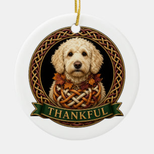 Thankful Cream Goldendoodle Thanksgiving Ceramic Ornament