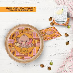 Thankful Cute Turkey Thanksgiving Paper Coasters