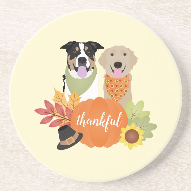 Thankful Dogs Thanksgiving Harvest Pumpkins Coaster (Front)