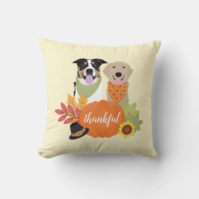 Thankful Dogs Thanksgiving Harvest Pumpkins Cushion (Front)