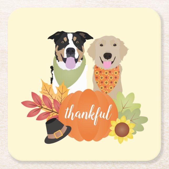 Thankful Dogs Thanksgiving Harvest Pumpkins Square Paper Coaster (Front)
