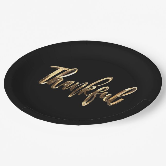 Thankful Elegant Faux Gold Script Thanksgiving Paper Plate (Angled)