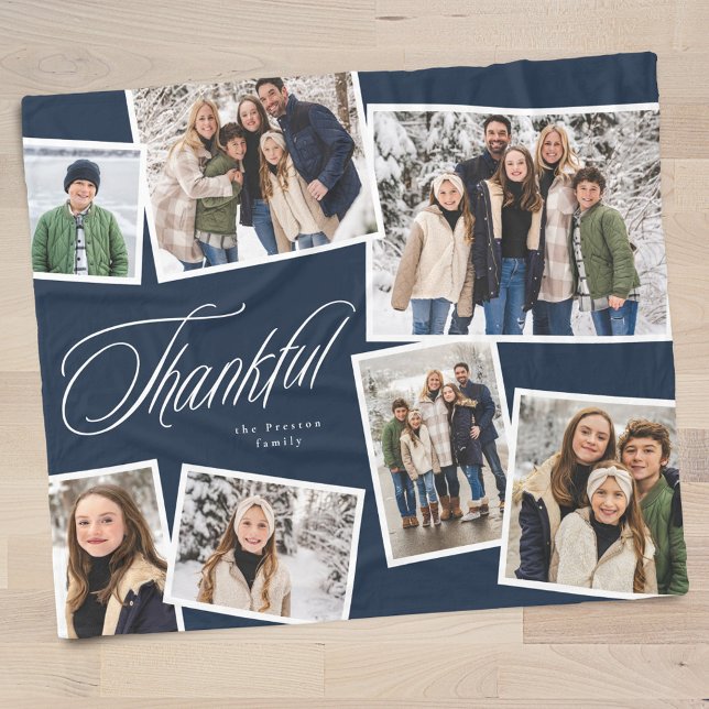 Thankful elegant navy blue 7 photo collage fleece blanket (Creator Uploaded)