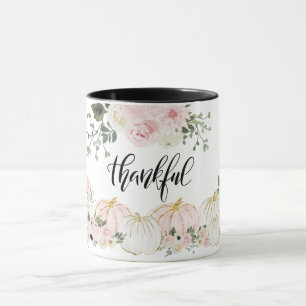 Thankful Elegant White Pink Gold Pumpkin Floral Mug
