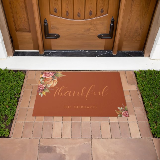 Thankful Fall Orange Pumpkin Foliage Family Doormat (Outdoor)