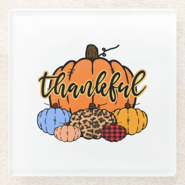 Thankful Fall Pumpkins Design Glass Coaster (Front)