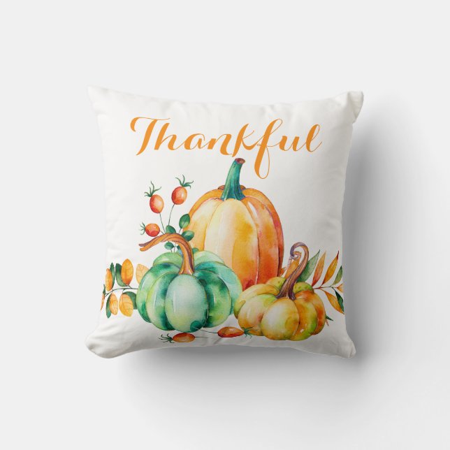 Thankful, Fall Thanksgiving Watercolor Pumpkins Cushion (Front)