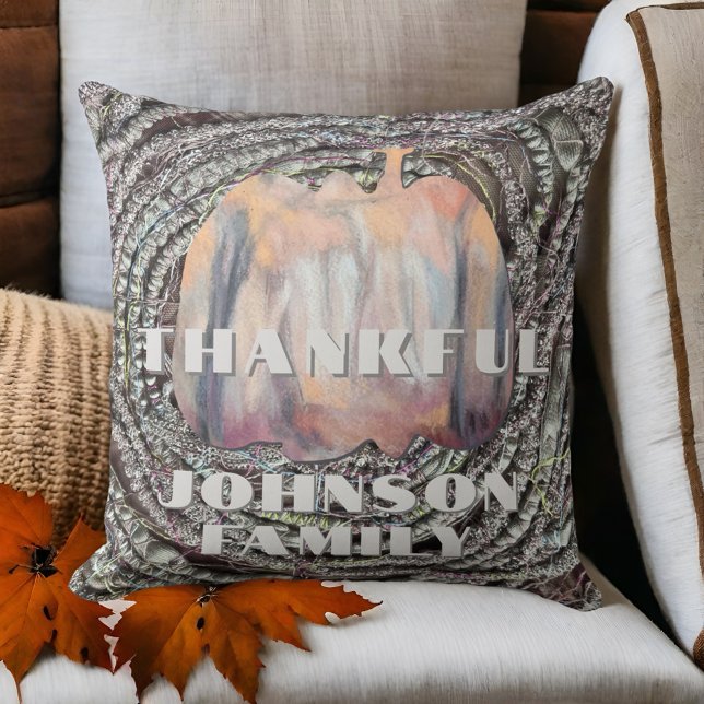 Thankful family name script pumpkin rustic autumn  cushion (Creator Uploaded)