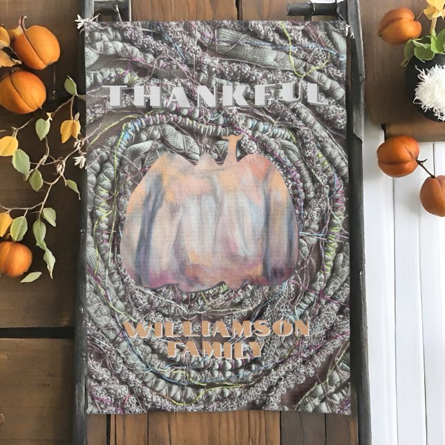 Thankful family name script pumpkin rustic autumn  tea towel (Creator Uploaded)