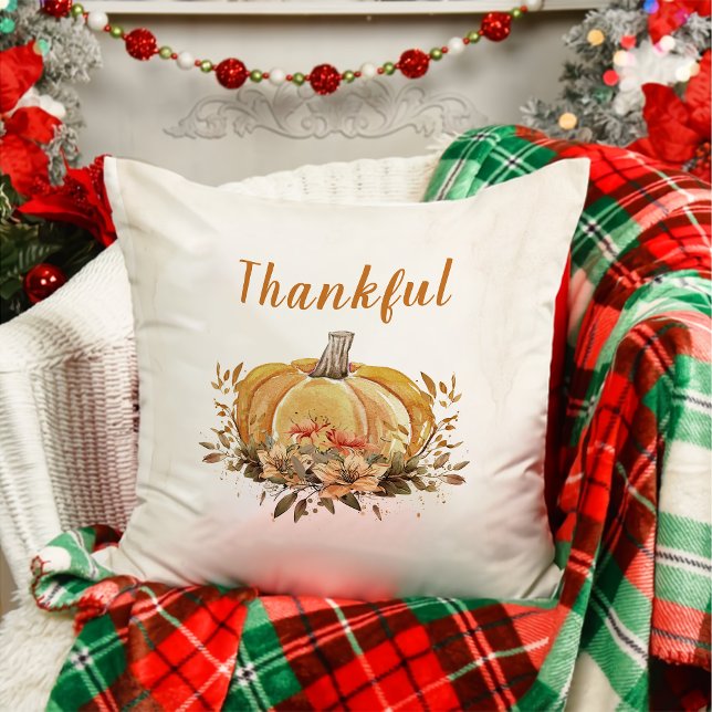 Thankful Floral Fall Pumpkin Thanksgiving Cushion (Creator Uploaded)