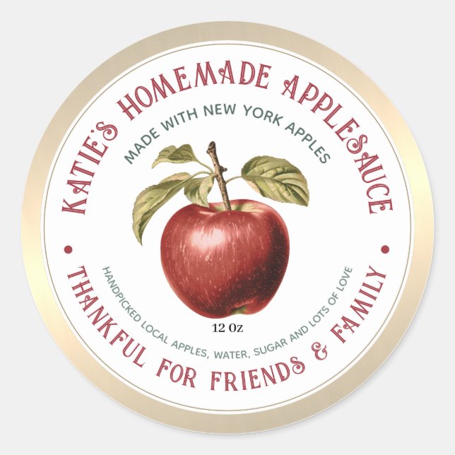 Thankful for Friends & Family Homemade Applesauce Classic Round Sticker (Front)