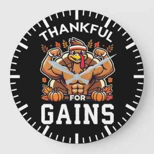 Thankful for Gains - Funny Thanksgiving Gym Large Clock