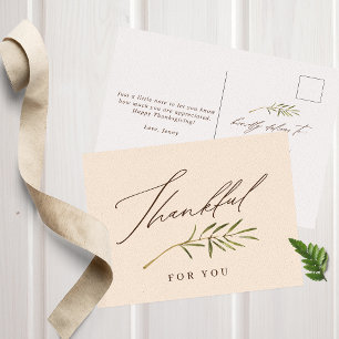 Thankful for You Calligraphy & Leaves Thanksgiving Holiday Postcard