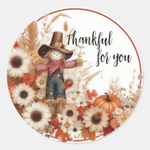 Thankful for you, Scarecrow and Pumpkins Classic Round Sticker