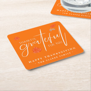 Thankful for You   Thanksgiving Friendsgiving Square Paper Coaster