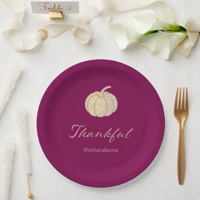 Thankful Glitter Pumpkin burgundy Thanksgiving Paper Plate (Wedding)