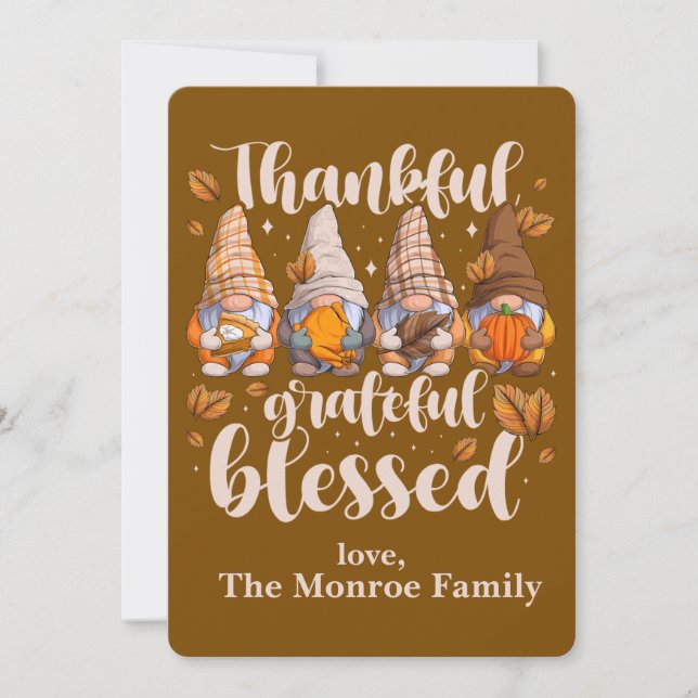Thankful Gnomes – Autumn Blessings & Leaf Pattern  Holiday Card (Front)