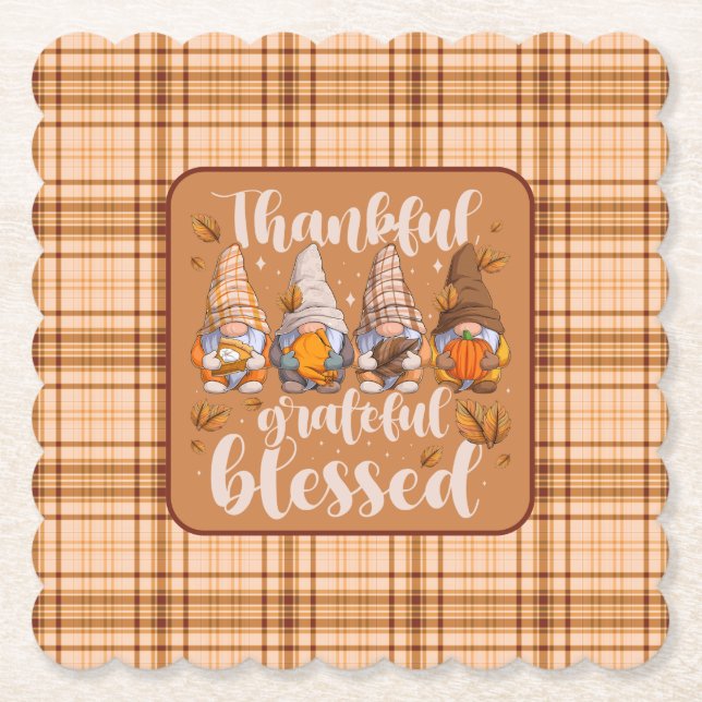 Thankful Gnomes – Autumn Blessings Paper Coaster (Front)