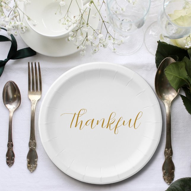 Thankful Gold Script Minimalistic Thanksgiving Paper Plate (Creator Uploaded)