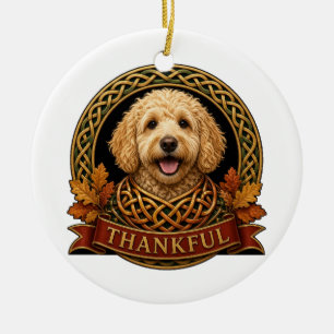 Thankful Goldendoodle Celtic Knot Thanksgiving Ceramic Ornament