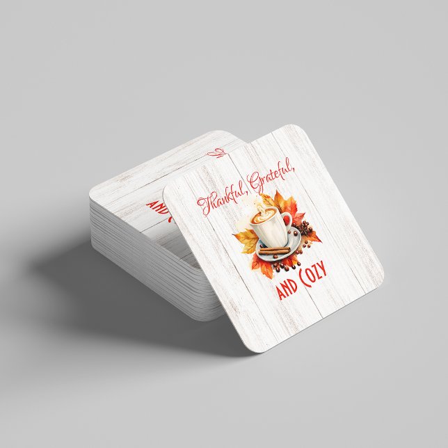 Thankful, Grateful, and Cosy – Thanksgiving Square Paper Coaster (Creator Uploaded)