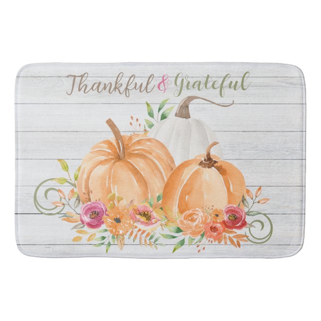 Thankful Grateful | Autumn Fall Pumpkin Watercolor Bath Mat (Front)