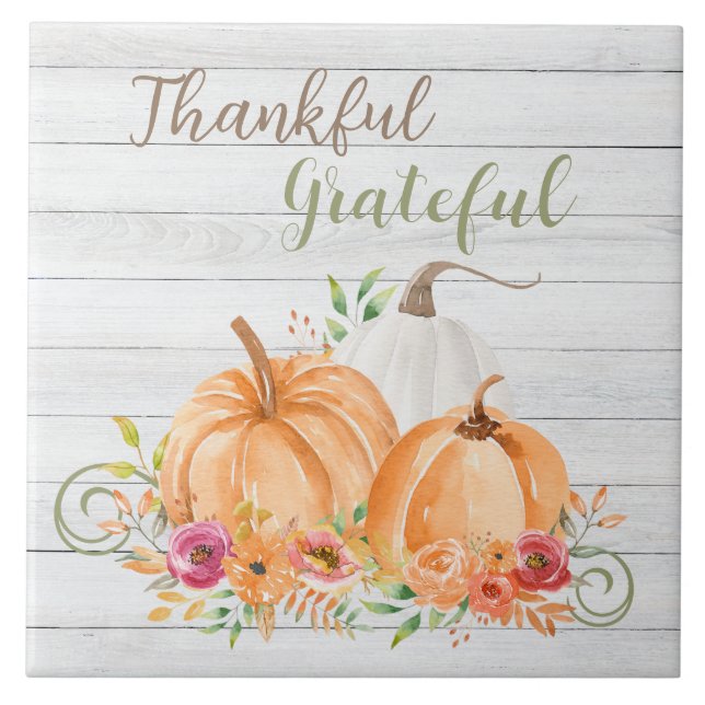 Thankful Grateful | Autumn Fall Pumpkin Watercolor Ceramic Tile (Front)