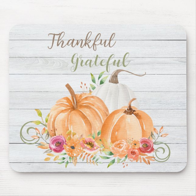 Thankful Grateful | Autumn Fall Pumpkin Watercolor Mouse Pad (Front)