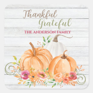 Thankful Grateful Autumn Fall Pumpkin Watercolor Square Sticker