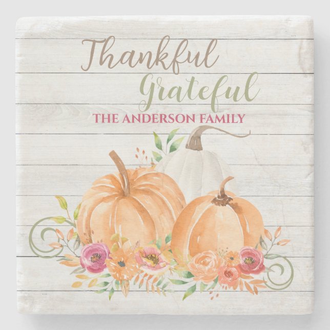 Thankful Grateful | Autumn Fall Pumpkin Watercolor Stone Coaster (Front)