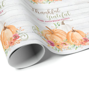 Thankful Grateful   Autumn Fall Pumpkin Watercolor Wrapping Paper