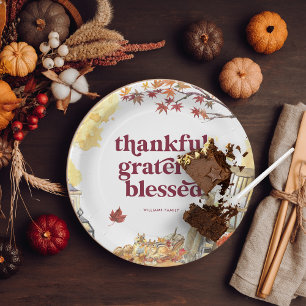 Thankful Grateful   Autumn Thanksgiving Monogram Paper Plate