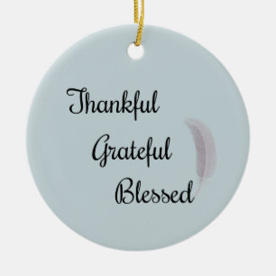 Thankful Grateful Blessed Angel Feather Dusty Blue Ceramic Ornament