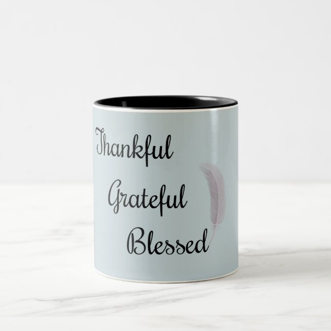 Thankful Grateful Blessed Angel Feather Dusty Blue Two-Tone Coffee Mug (Center)