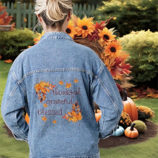 Thankful Grateful Blessed Autumn Fall Leaves Denim Jacket (Creator Uploaded)