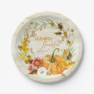 Thankful Grateful Blessed Autumn Harvest Pumpkin Paper Plate