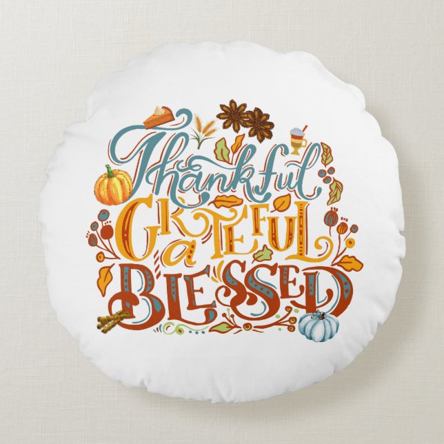 Thankful Grateful Blessed Autumn Script Fall Round Cushion (Front)