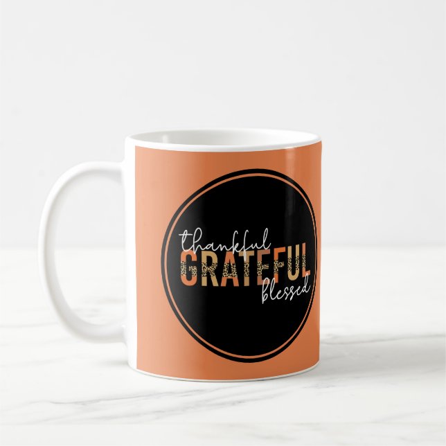 Thankful Grateful Blessed Cheetah Print Typography Coffee Mug (Left)