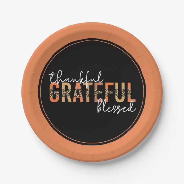 Thankful Grateful Blessed Cheetah Print Typography Paper Plate (Front)