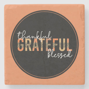 Thankful Grateful Blessed Cheetah Print Typography Stone Coaster