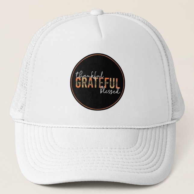 Thankful Grateful Blessed Cheetah Print Typography Trucker Hat (Front)