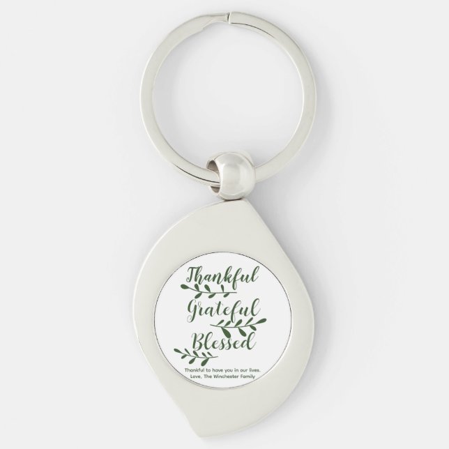 Thankful Grateful Blessed dark green custom script Key Ring (Front)