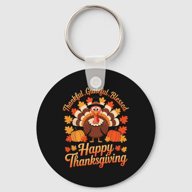 Thankful Grateful Blessed Fall Autumn Thanksgiving Key Ring (Front)