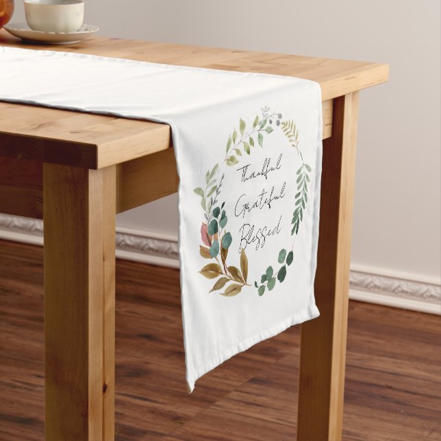 Thankful Grateful Blessed Fall Leaf Rustic Modern Long Table Runner (In Situ)
