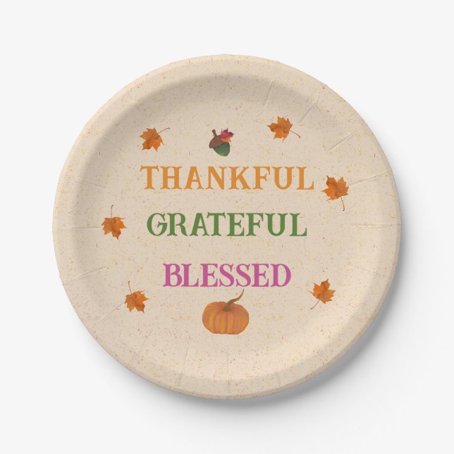 Thankful Grateful Blessed Fall Pumpkin Paper Plate (Front)