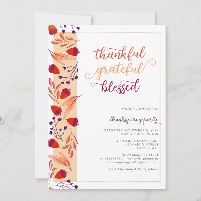Thankful Grateful Blessed Fall Thanksgiving Dinner Invitation (Front)
